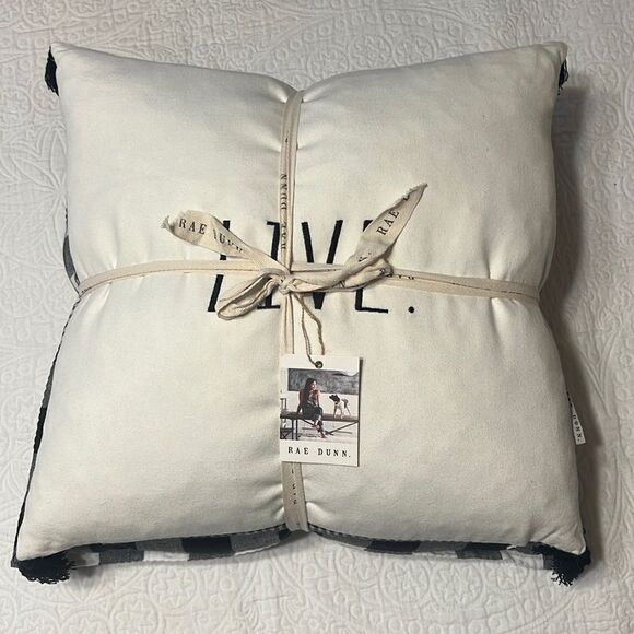 2pc Rae Dunn 20" Pillows Set "LIVE" with tassels and Buffalo plaid accents - Picture 1 of 4